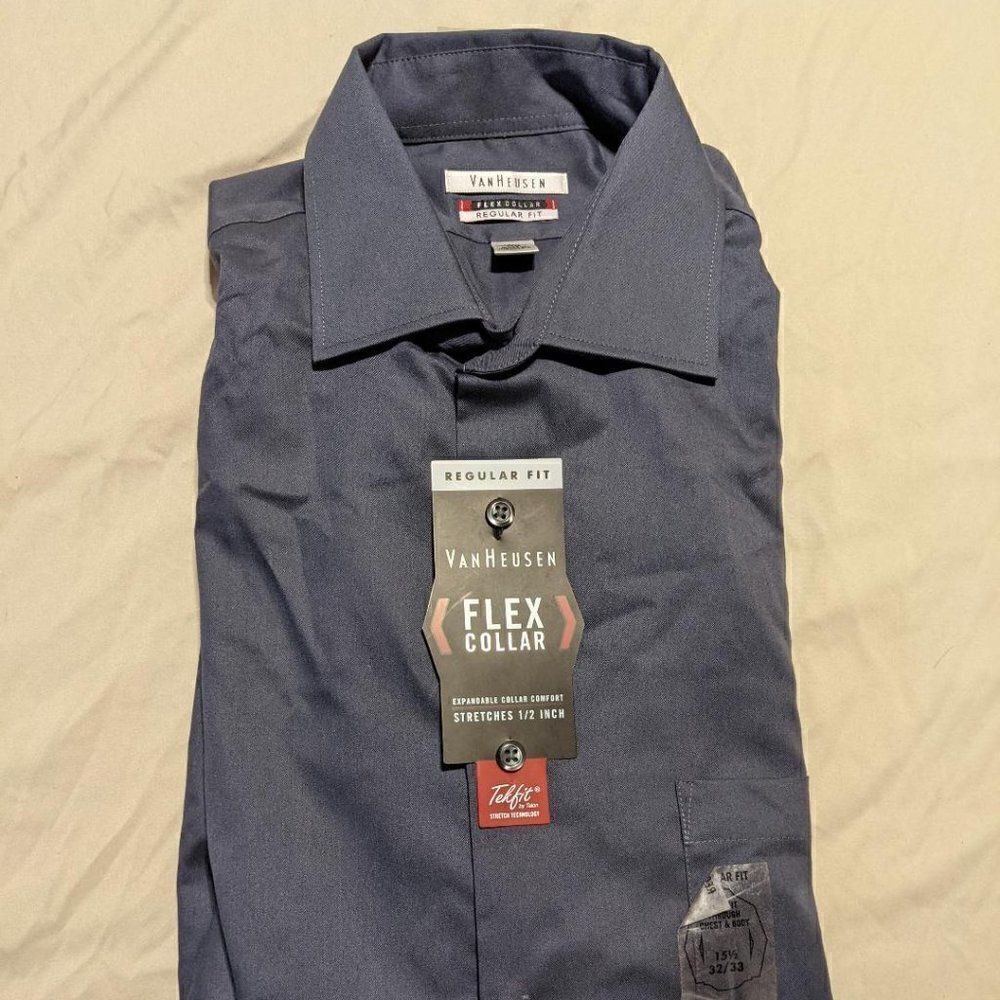 🆕NWT VANHEUSEN FLEX COLLAR SHIRT - CHARCOAL GRAY - 15 1/2 - 32/33